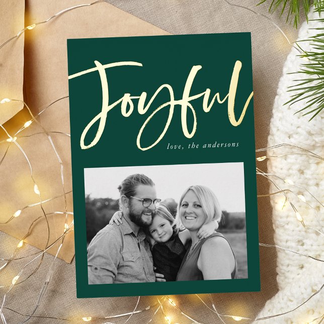 Joyful Script Green Photo Foil Holiday Card (Creator Uploaded)