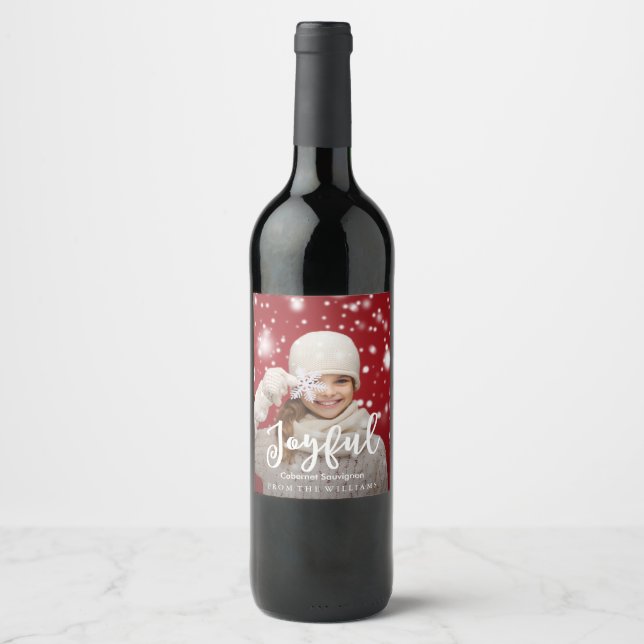 Joyful Script Modern Christmas | Holiday Photo Wine Label (Front)