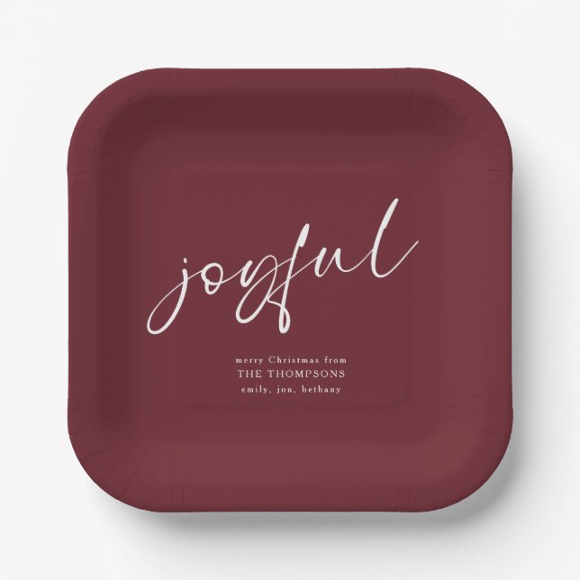 Joyful Script Name Merry Christmas Burgundy Paper Plate (Front)