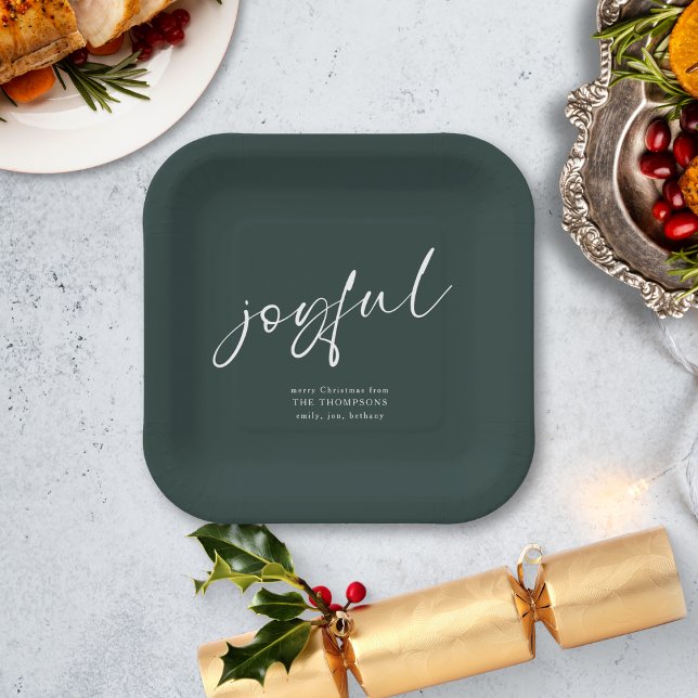 Joyful Script Name Merry Christmas Green  Paper Plate (Creator Uploaded)