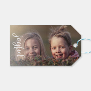 Joyful Script Olive Green Holiday Family Photo Gift Tags
