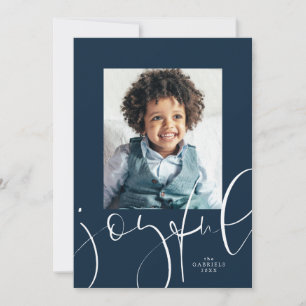 Joyful script one photo navy Christmas Holiday Card