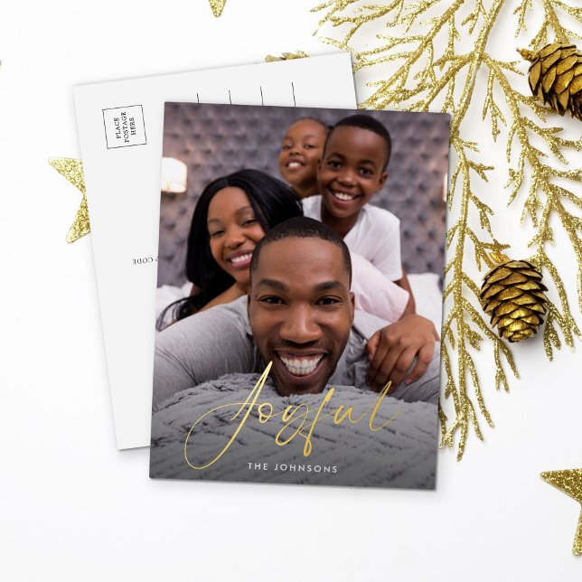 Joyful Script Photo Foil Holiday Postcard (Creator Uploaded)