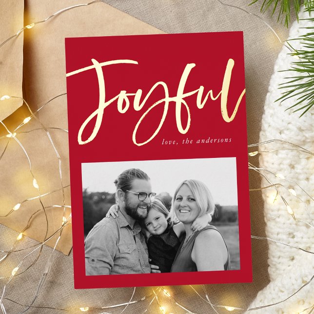 Joyful Script Red Photo Foil Holiday Card (Creator Uploaded)