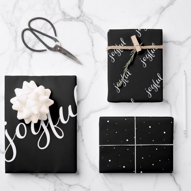 Joyful Script Snowflake Black and White Holiday  Wrapping Paper Sheet (Front)