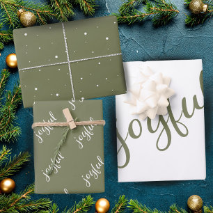 Joyful Script Snowflake Olive Green Holiday Wrapping Paper Sheet