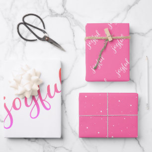 Joyful Script Snowflake Pink Holiday  Wrapping Paper Sheet