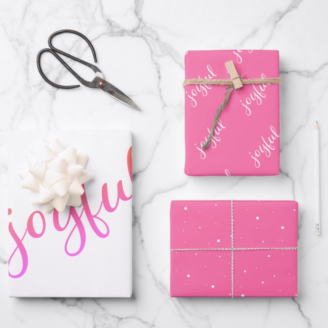 Joyful Script Snowflake Pink Holiday  Wrapping Paper Sheet (Front)