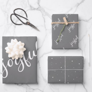 Joyful Script Snowflake Simple Grey Holiday  Wrapping Paper Sheet