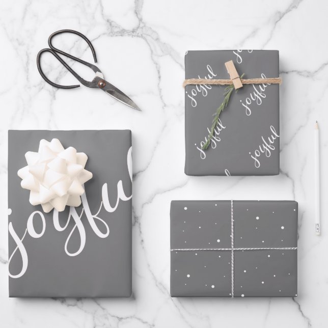 Joyful Script Snowflake Simple Grey Holiday  Wrapping Paper Sheet (Front)