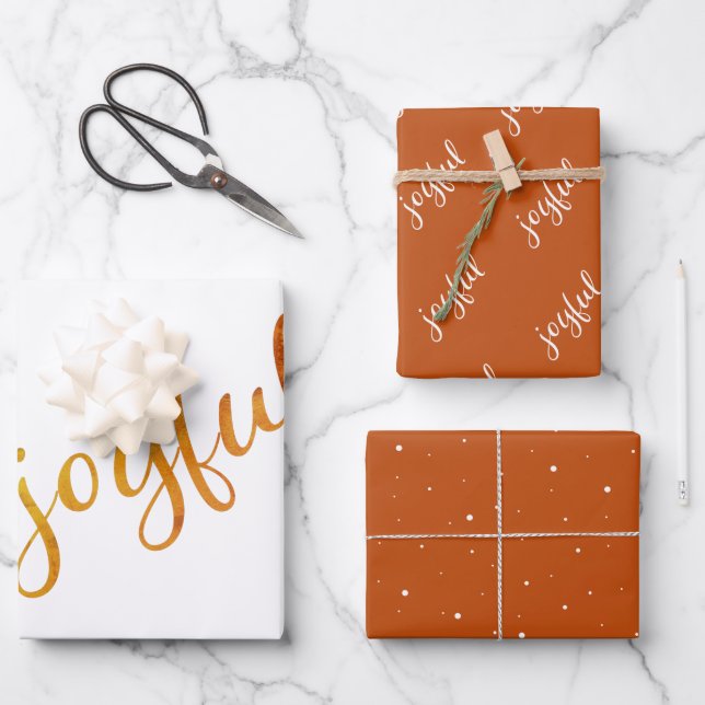 Joyful Script Snowflakes Orange Holiday  Wrapping Paper Sheet (Front)