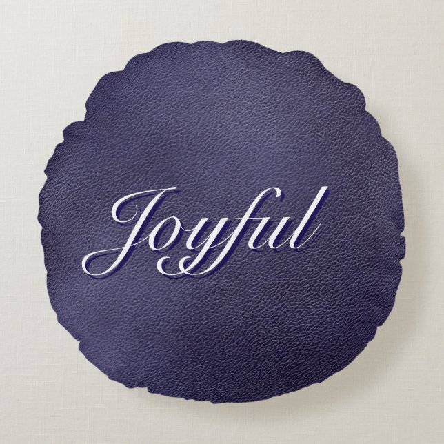 Joyful Script Typography Blue Christmas Round Cushion (Front)