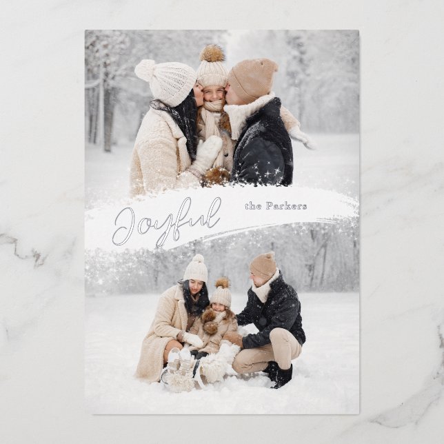 Joyful Script with Snowy Brushstroke 2-Photo Foil Holiday Card (Front)