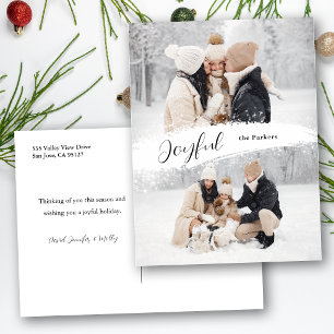 Joyful Script with Snowy Brushstroke 2-Photo Holiday Postcard