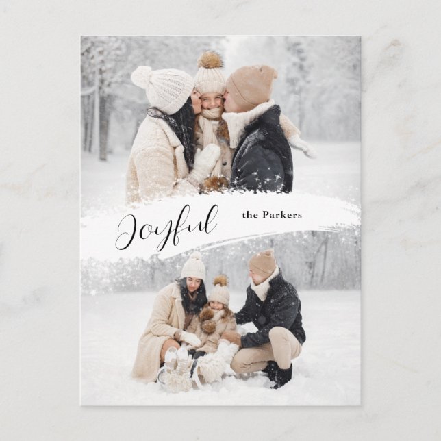 Joyful Script with Snowy Brushstroke 2-Photo Holiday Postcard (Front)