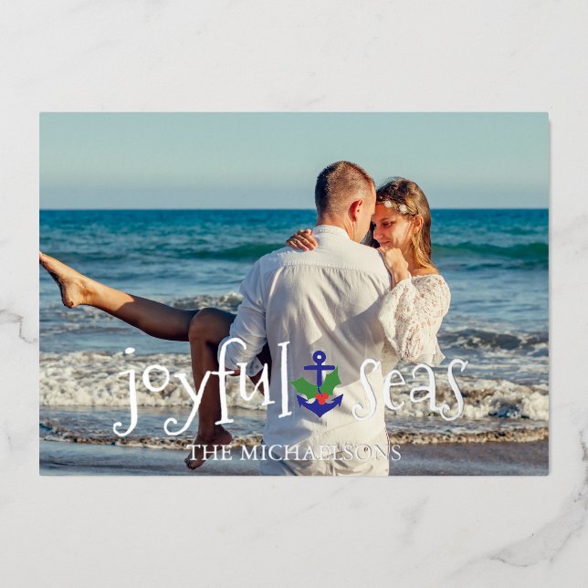 Joyful Seas Beach Nautical Christmas Foil Holiday Card (Front)