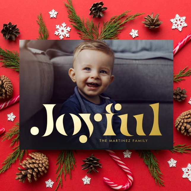 Joyful simple modern one photo Christmas Foil Holiday Card (Creator Uploaded)