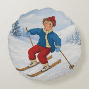 Joyful Skier Round Pillow