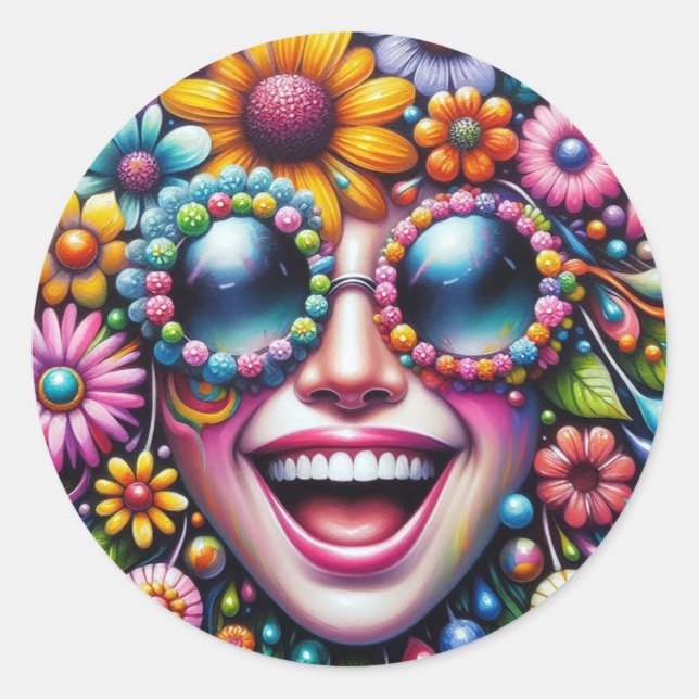 Joyful Smiling Face Surrounded by Flowers Sticker (Front)