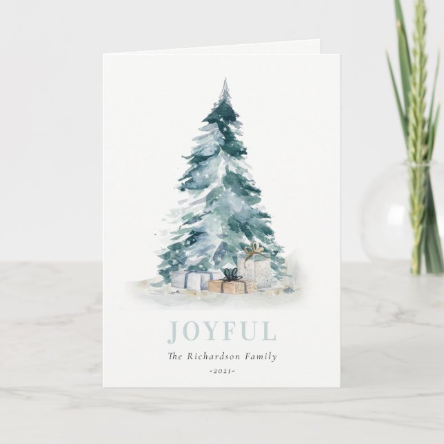 Joyful Snow Watercolor Pine Christmas Tree Gifts Holiday Card (Front)