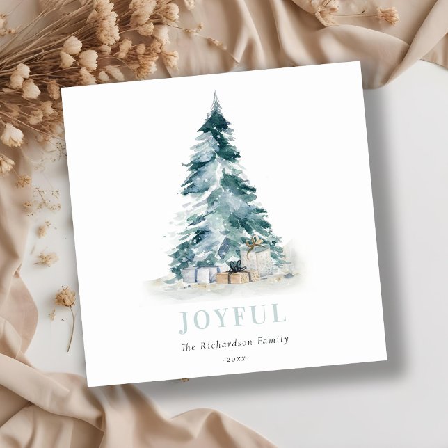 Joyful Snow Watercolor Pine Christmas Tree Gifts Holiday Card (Creator Uploaded)