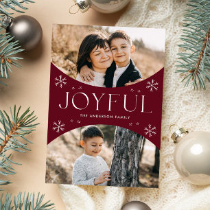 Joyful Snowflake Cranberry Oval Arch 2 Photo Holiday Card