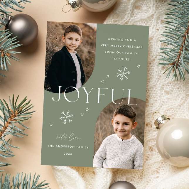Joyful Snowflake Sage Green Arch Frame 2 Photo Holiday Card (Creator Uploaded)