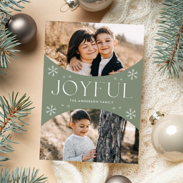 Joyful Snowflake Sage Green Oval Arch 2 Photo Holiday Card (Creator Uploaded)