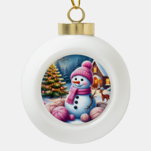 Joyful Snowman by Christmas Tree in a Cosy Winter Ceramic Ball Christmas Ornament