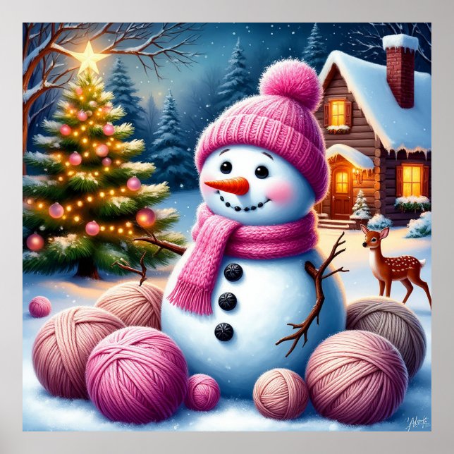 Joyful Snowman by Christmas Tree in a Cosy Winter Poster (Front)