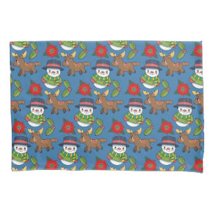 Joyful Snowman Deer Winter Holiday Pattern Pillowcase