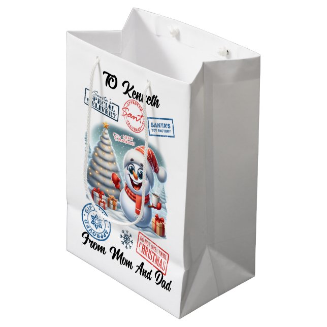 Joyful Snowman With Santa Sack Medium Gift Bag (Front Angled)