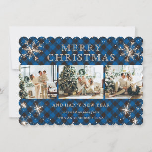 Joyful Sparkly Snowflake Blue Plaid Photo Collage Holiday Card
