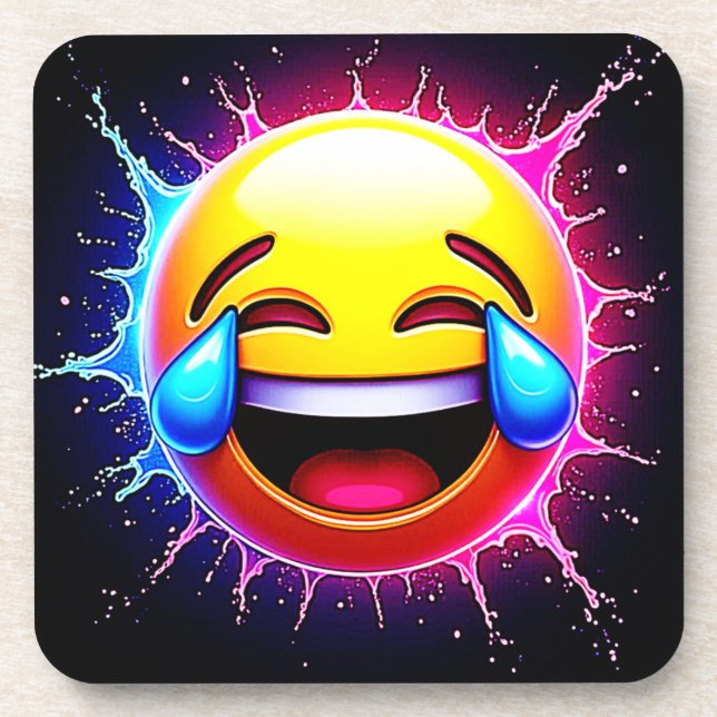 Joyful Splash: Laughing Emoji Art Coaster (Front)