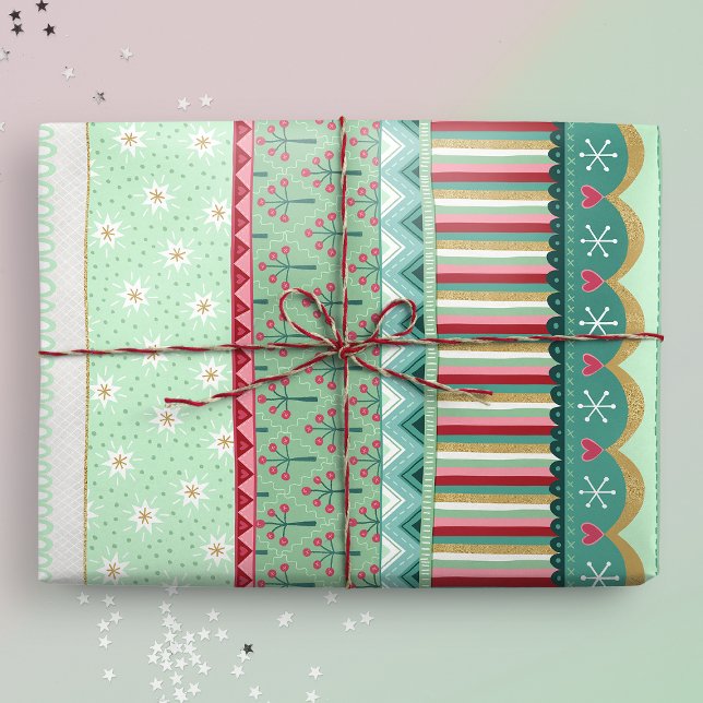 Joyful Stripe Green Christmas Wrapping Paper (Gift mockup)