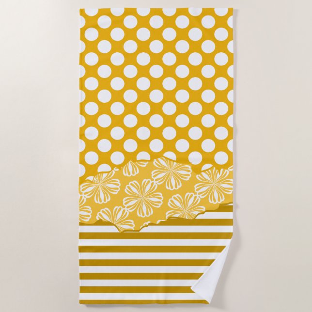 Joyful Stripes Floral Polka Dot Layered Yellow Beach Towel (Front)