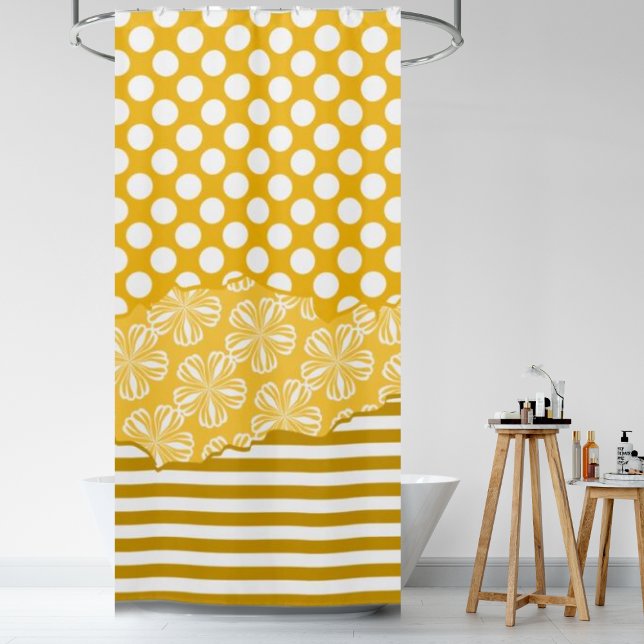 Joyful Stripes Floral Polka Dot Layered Yellow Shower Curtain (Joyful Stripes Floral Polka Dot Layered Yellow Shower Curtain)