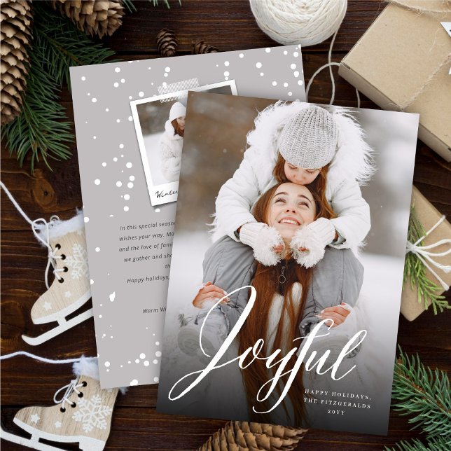 Joyful Swirls White Script Christmas Classic Photo Holiday Card (Creator Uploaded)