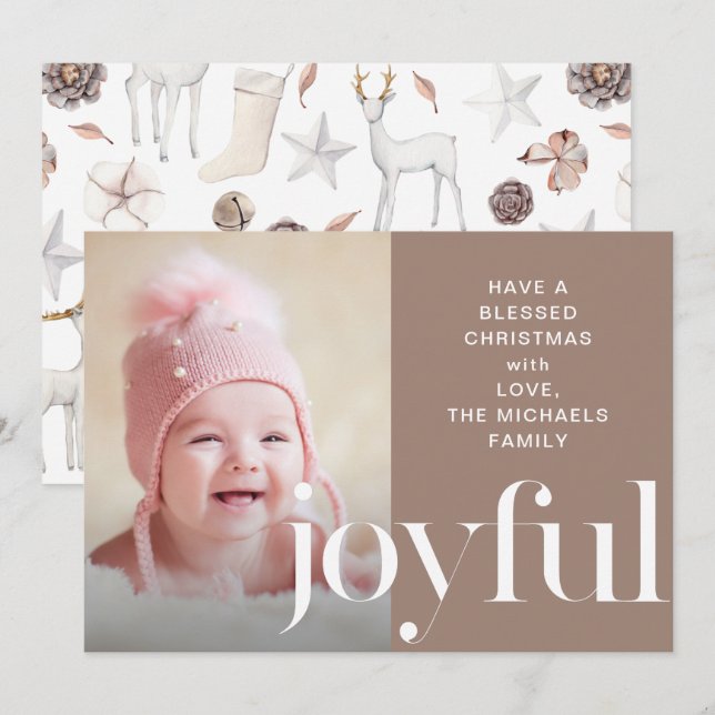 Joyful Taupe Christmas Illustrated Deer Photo Holiday Card (Front/Back)