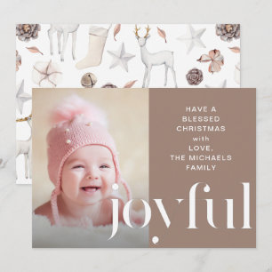 Joyful Taupe Christmas Illustrated Deer Photo Holiday Card