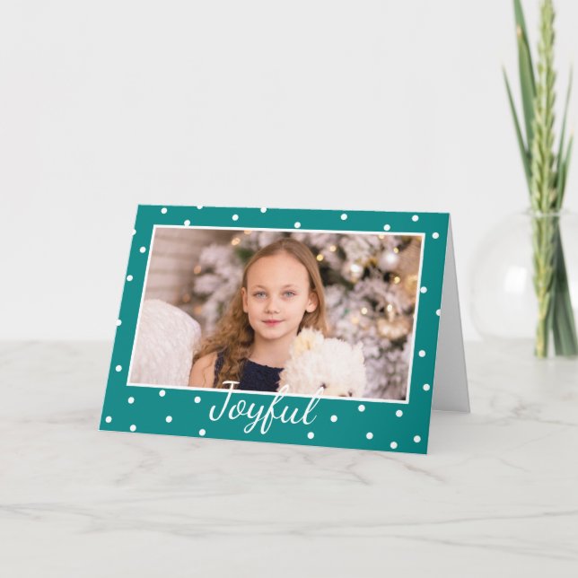 Joyful Teal Blue Custom Photo Christmas Holiday Card (Front)