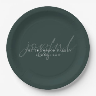 Joyful Text Overlay Name Christmas Dark Green Paper Plate