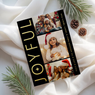 Joyful Three Photo Black with Gold Foil Holiday Card