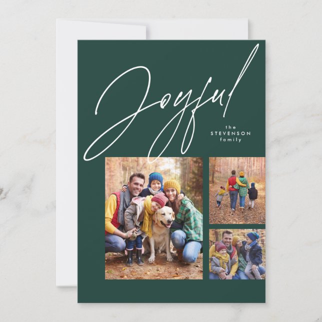Joyful three photo green family Christmas Holiday Card (Front)