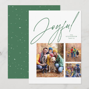 Joyful three photo green family Christmas Holiday Card