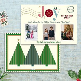 Joyful Three Photo Postage Stamp Modern Vintage Holiday Card