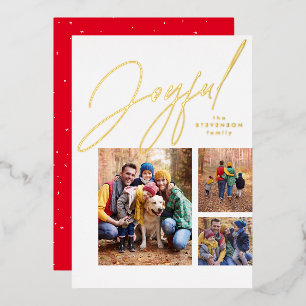 Joyful three photo red gold family Christmas Foil Holiday Card