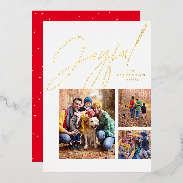 Joyful three photo red gold family Christmas Foil Holiday Card (Front/Back)