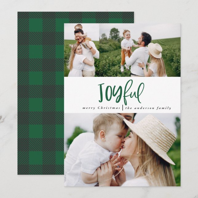 Joyful three photo script tartan family holiday (Front/Back)