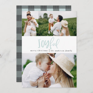 Joyful three photo script text and tartan family  holiday card